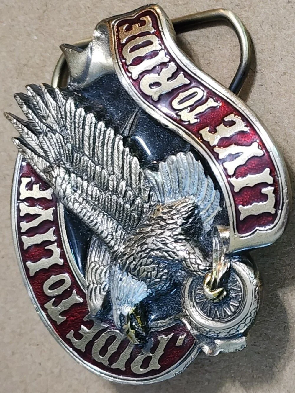 The Great American Buckle Company 1982 Ride To Live-Live To Ride Belt Buckle USA